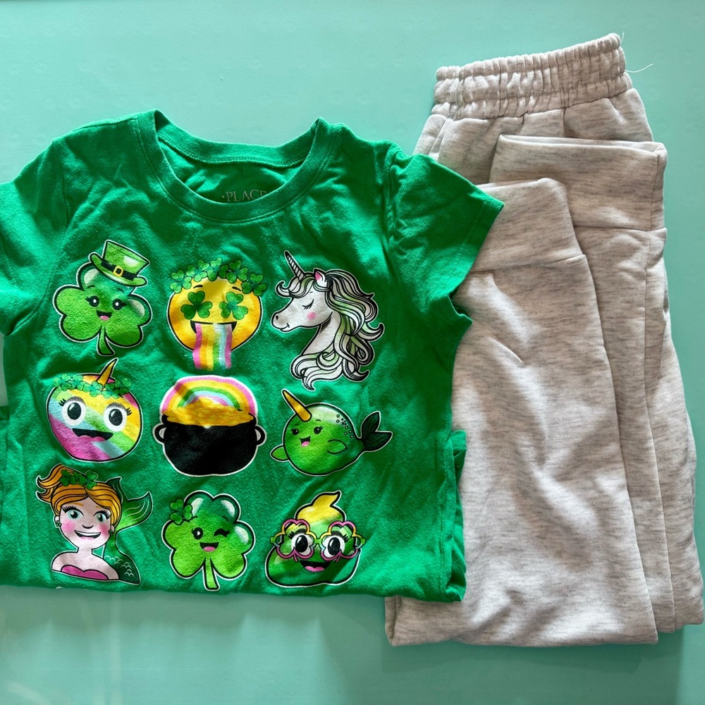 Girls St Patrick’s Day‎ Outfit Unicorn Rainbow Shirt Gray Joggers 7/8